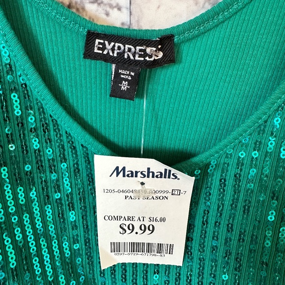 Express Green Ribbed Front Sequin Tank Top Size M - Picture 2 of 4